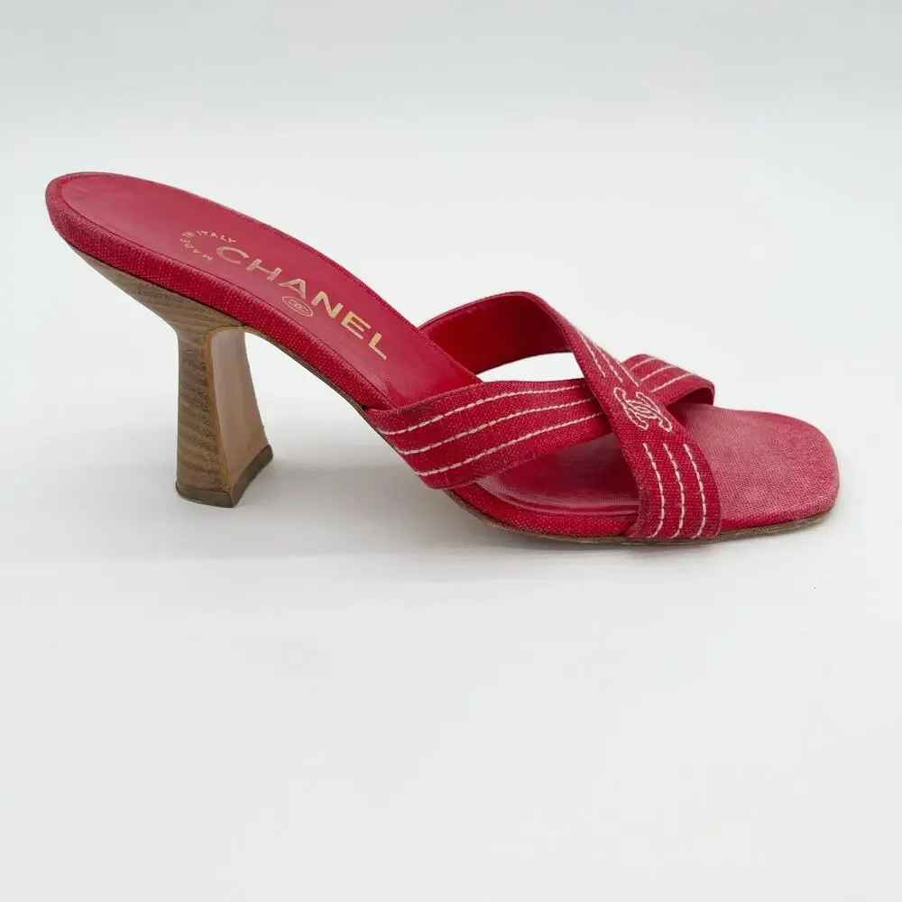 Chanel Vintage Red Canvas CC Nautical Cross Strap Slide Mule Sandal Heels EU 38